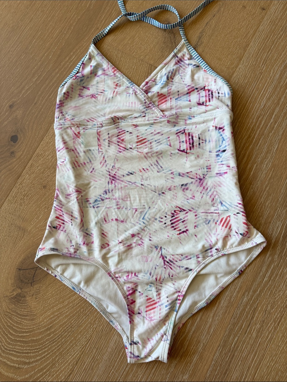 Athleta Girl White One-Piece Swimsuit with Pink & Blue Print